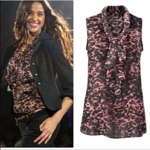 Mauve Pink 9 to 5 Camo Print Sheer Sleeveless Blouse Top With Neck Tie